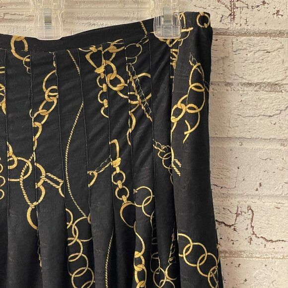Jones New York Collection Skirt  Black Gold Chains Midi Pleated Modest Petite L - Picture 2 of 7